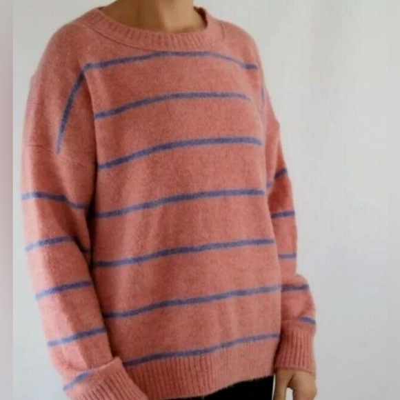 J. Crew Stripe Crewneck Alpaca Sweater In Heather Rose/ French Blue Size Small - Picture 7 of 7